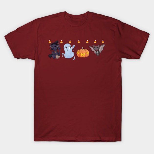 Cute Kawaii Halloween Pattern and Sticker Sheet Witch Cat Jack O Lantern Ghost Vampire Bat T-Shirt by nhitori